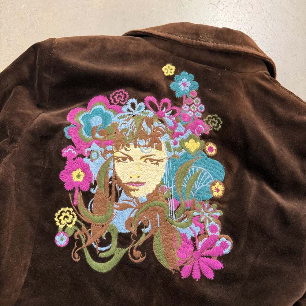 True Religion Brown Velvet Embroidered Blazer Jacket Floral Back Graphic Y2K - Picture 2 of 7